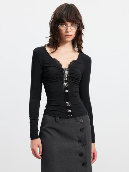 AFTADAWN Sequin Lace Ruched Deep V Slim Women&