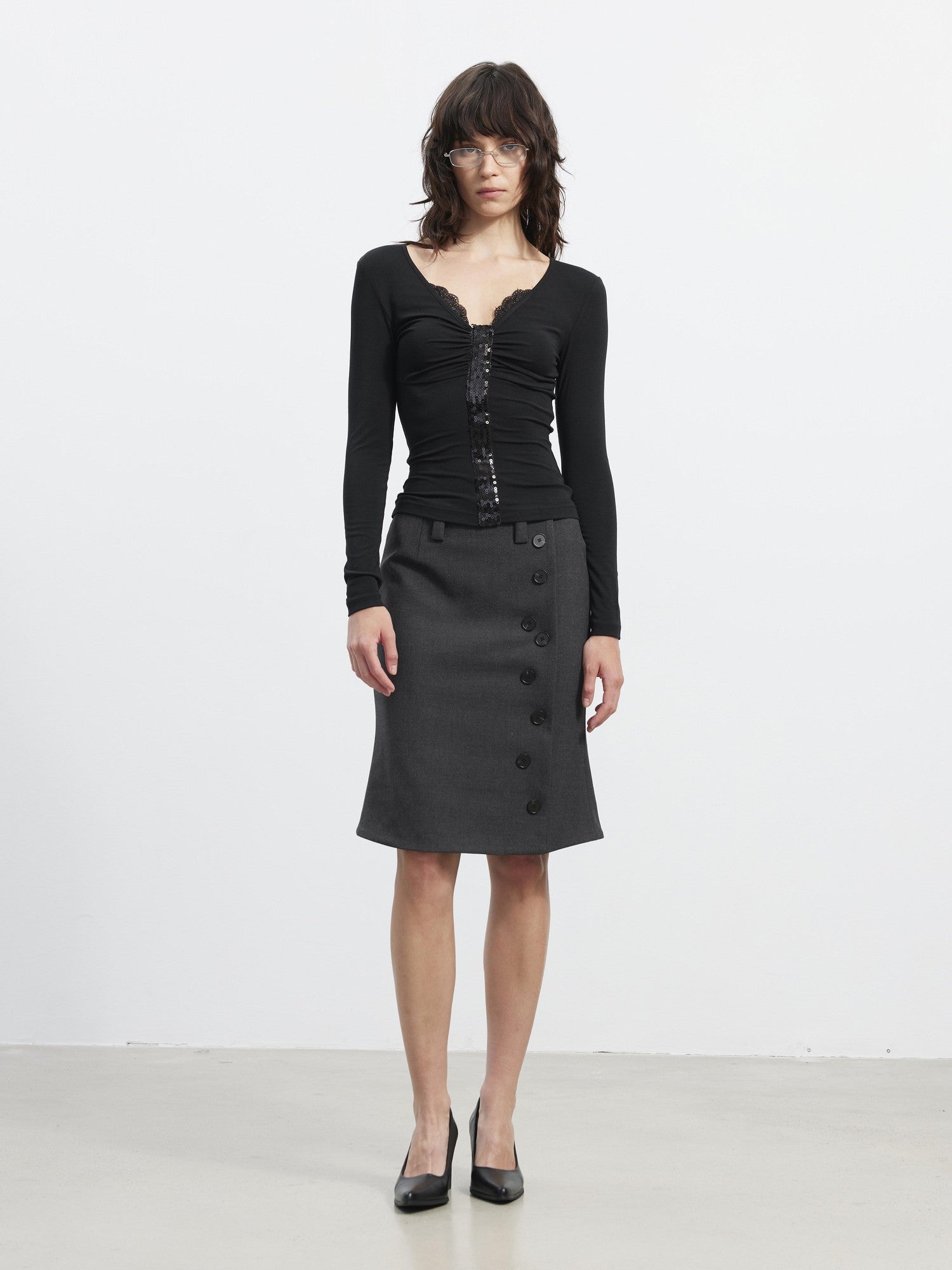 AFTADAWN Sequin Lace Ruched Deep V Slim Women&