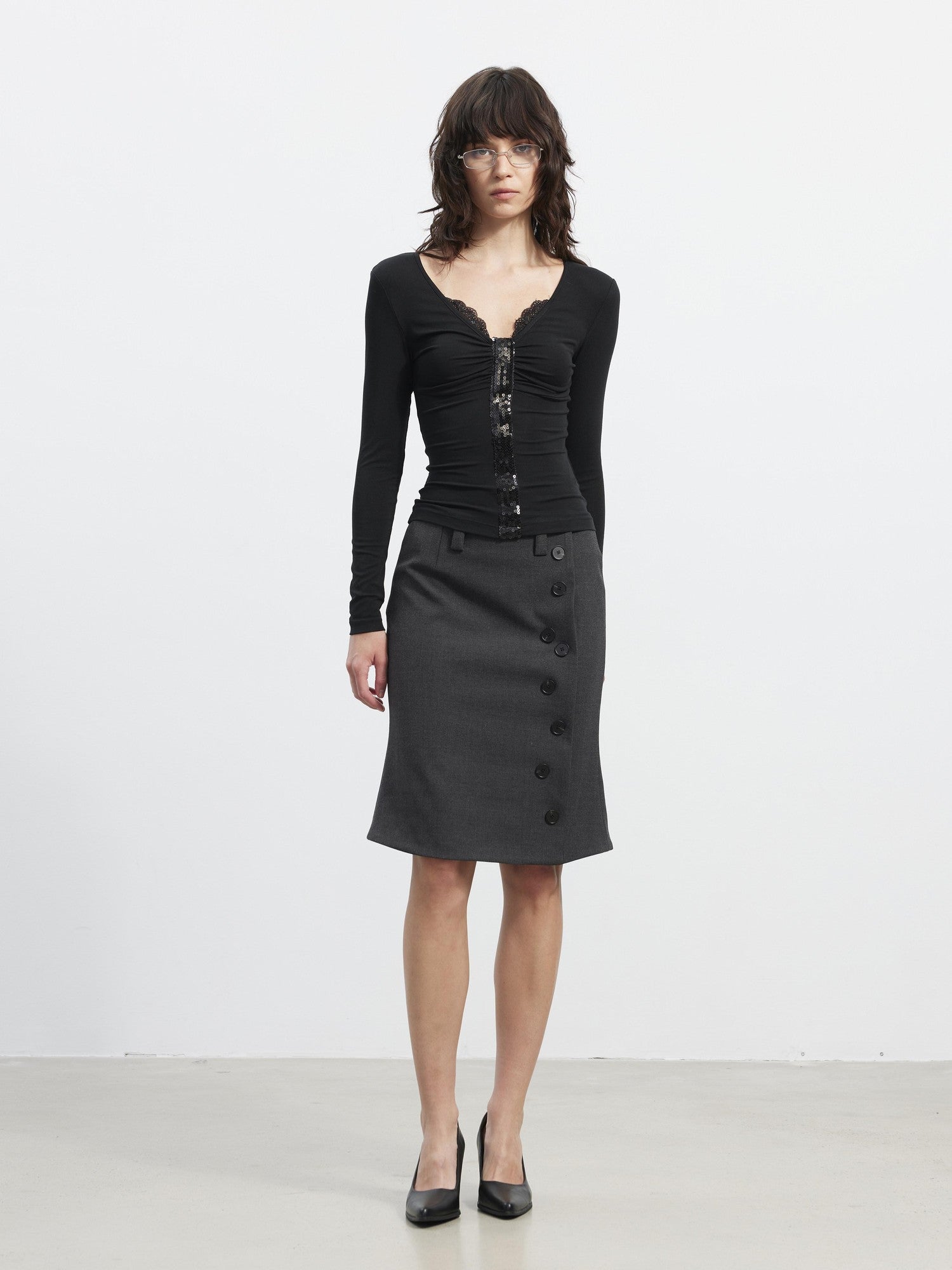 AFTADAWN Sequin Lace Ruched Deep V Slim Women&