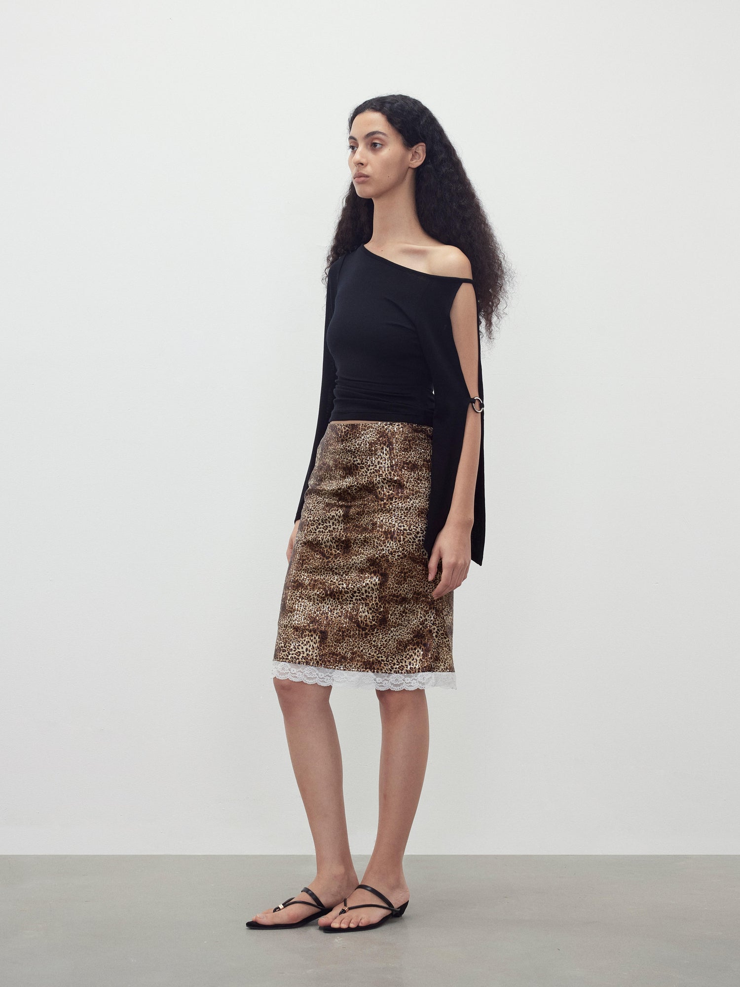 AFTADAWN Sequin Leopard Print Lace Trim Midi Skirt