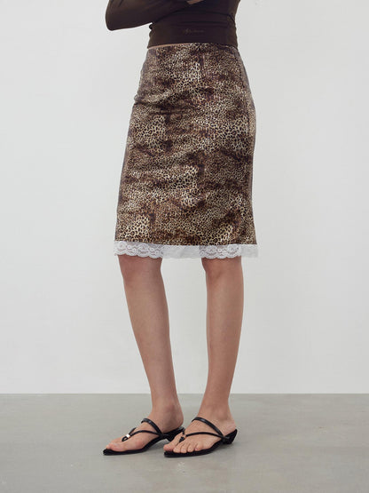 AFTADAWN Sequin Leopard Print Lace Trim Midi Skirt