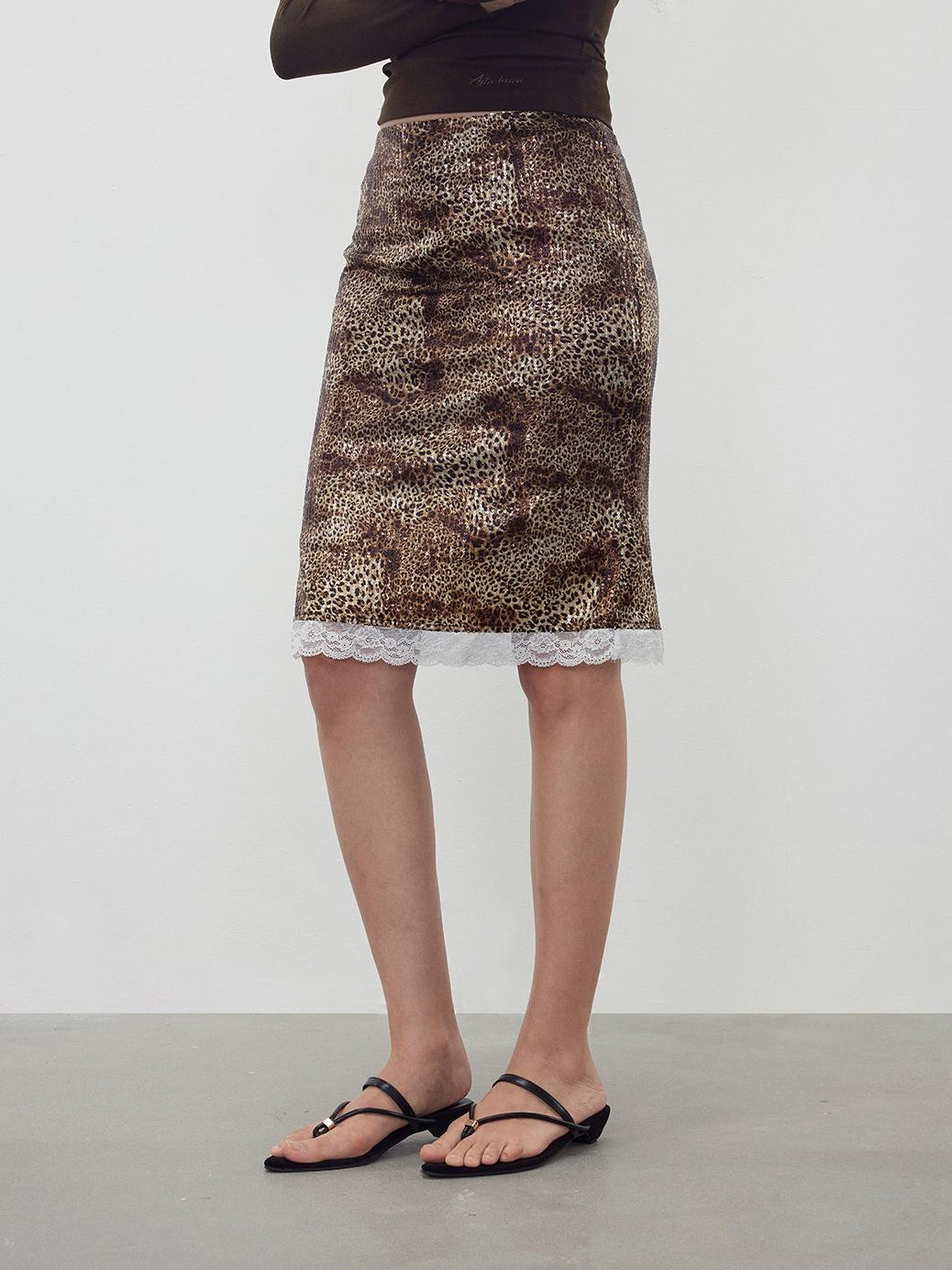 AFTADAWN Sequin Leopard Print Lace Trim Midi Skirt
