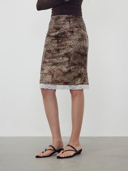 AFTADAWN Sequin Leopard Print Lace Trim Midi Skirt