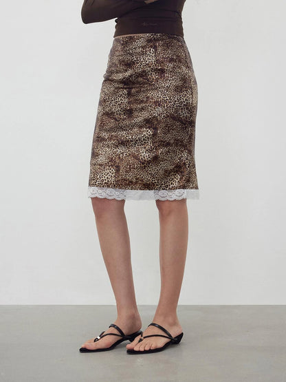 Sequin Leopard Print Lace Trim Midi Skirt