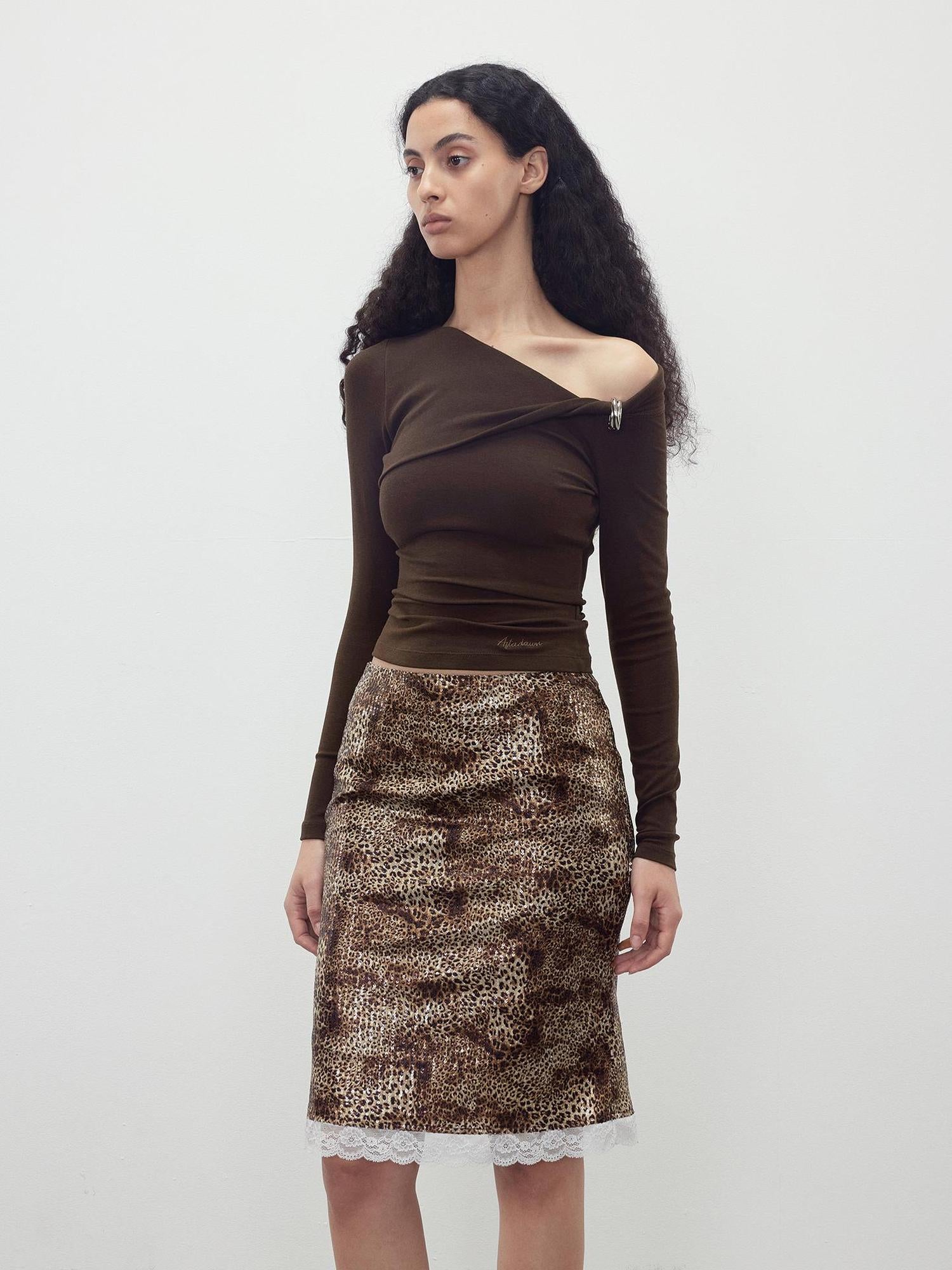 AFTADAWN Sequin Leopard Print Lace Trim Midi Skirt