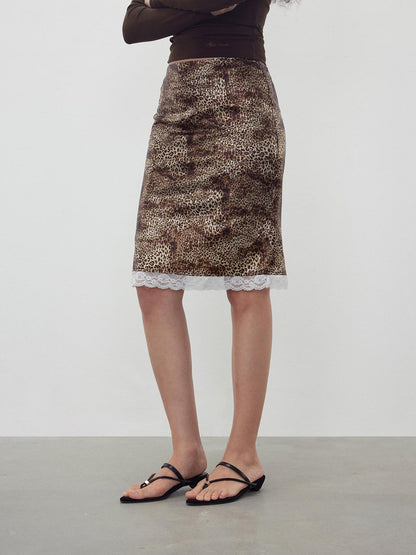 AFTADAWN Sequin Leopard Print Lace Trim Midi Skirt