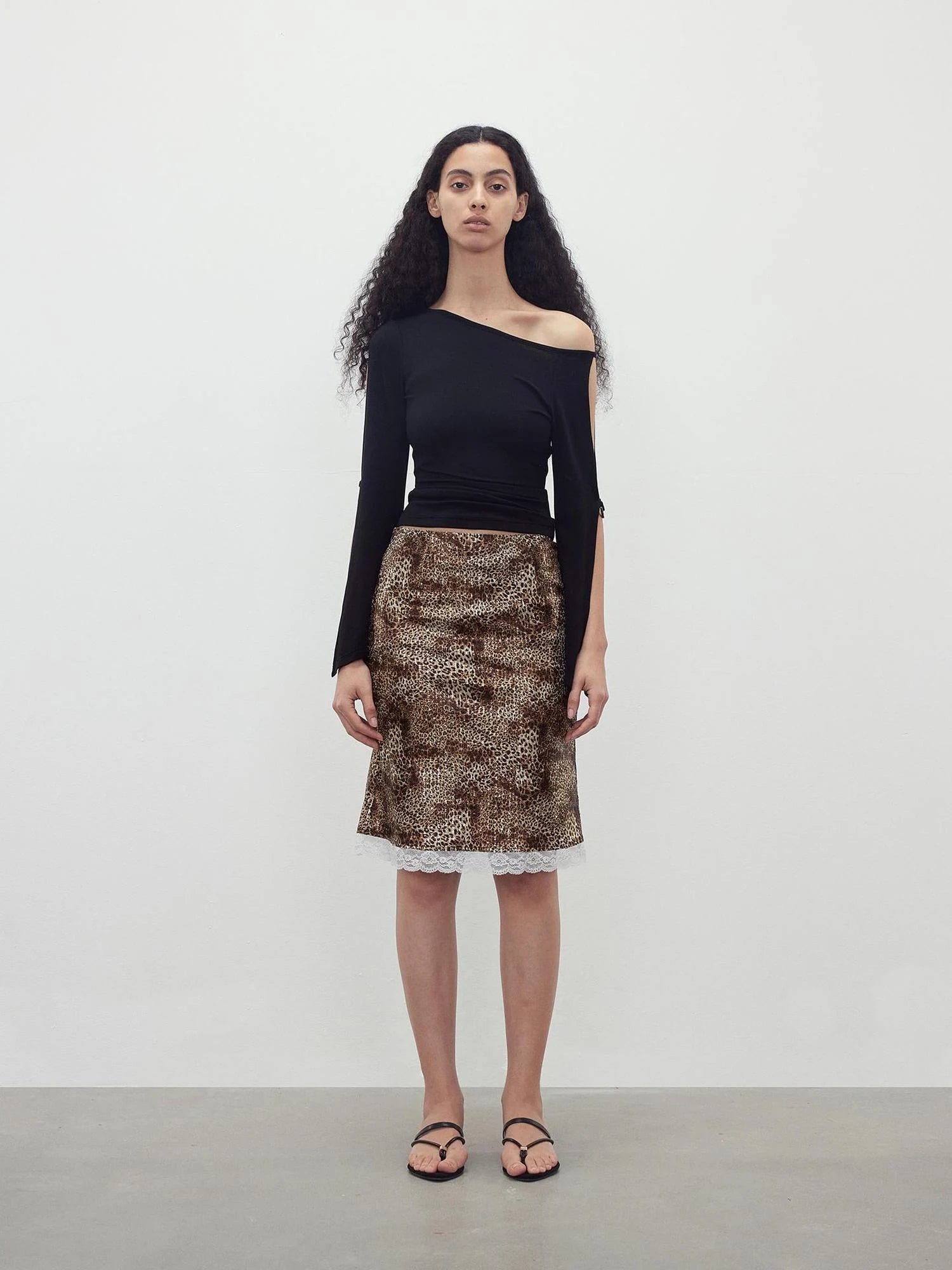 Sequin Leopard Print Lace Trim Midi Skirt