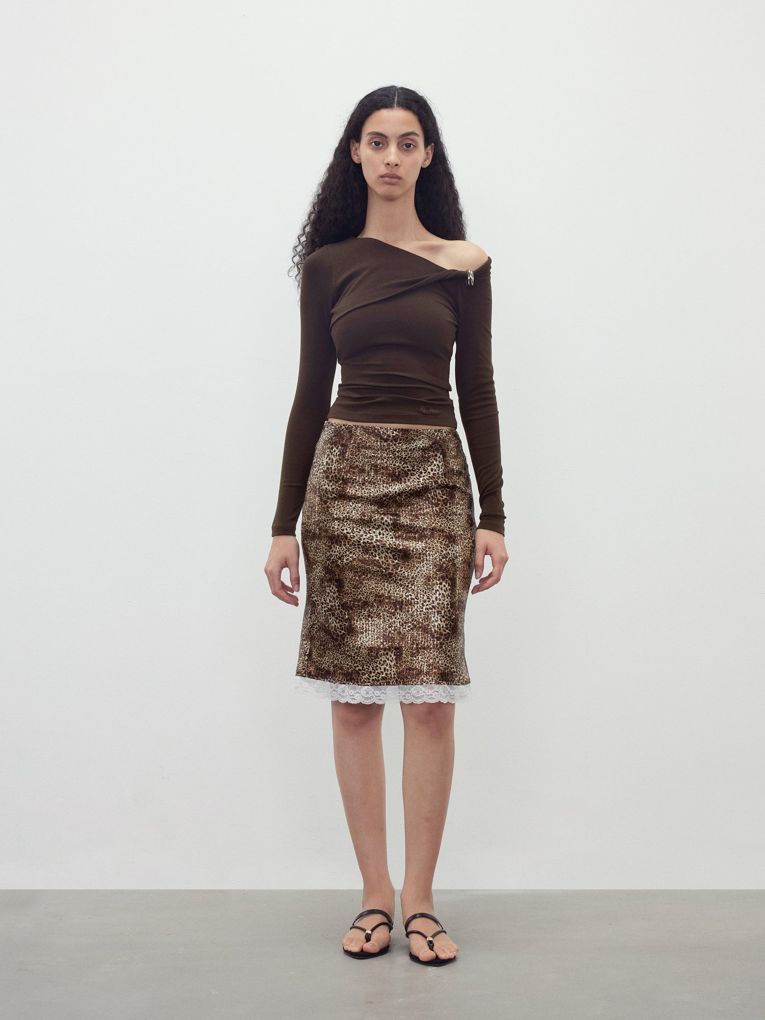 AFTADAWN Sequin Leopard Print Lace Trim Midi Skirt