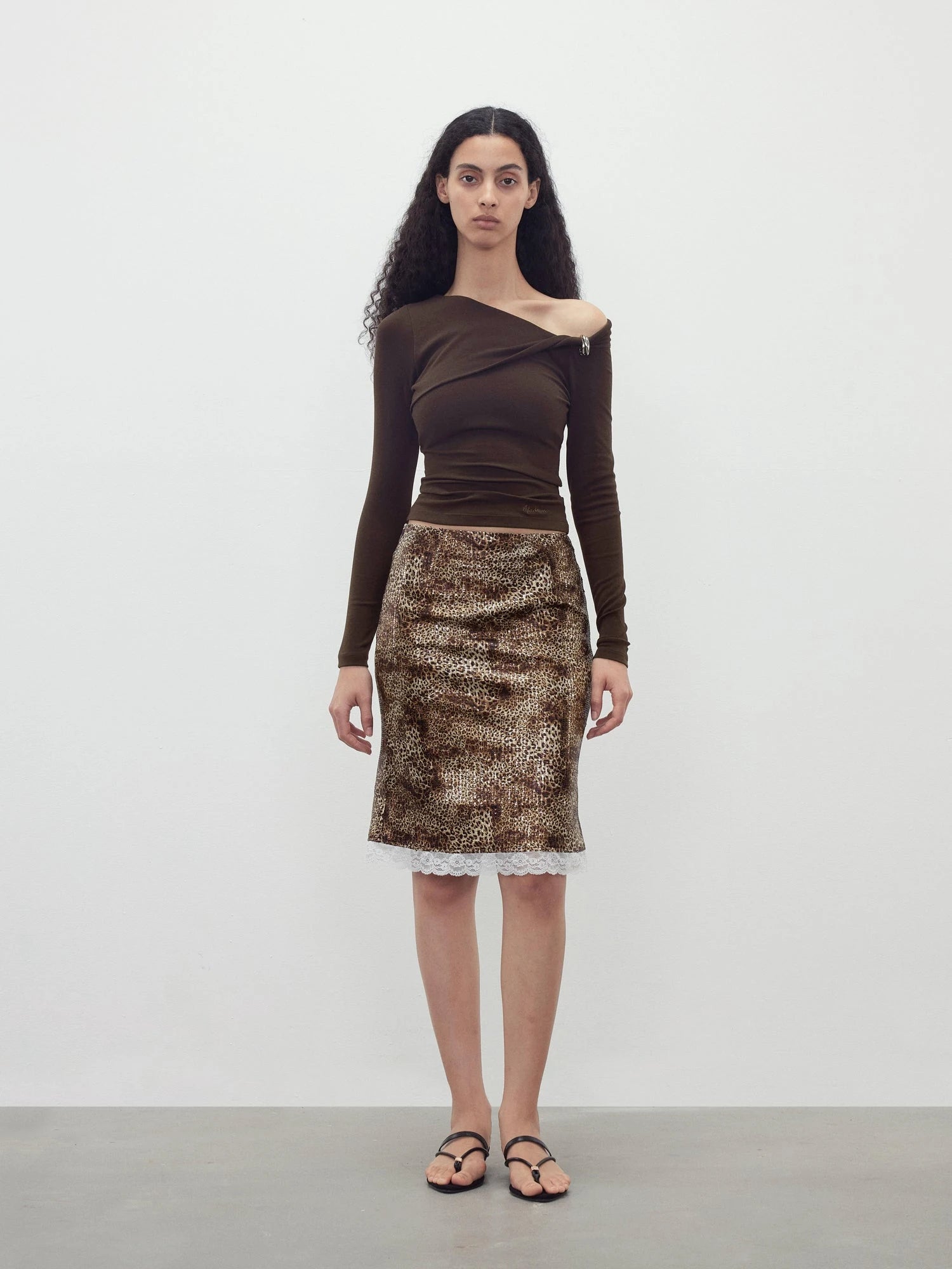 Sequin Leopard Print Lace Trim Midi Skirt