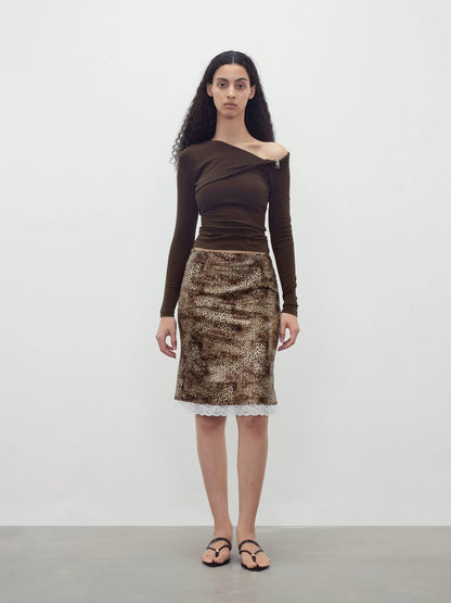 Sequin Leopard Print Lace Trim Midi Skirt