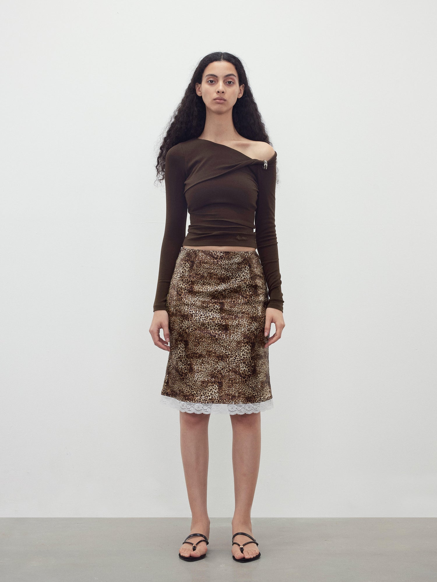 AFTADAWN Sequin Leopard Print Lace Trim Midi Skirt