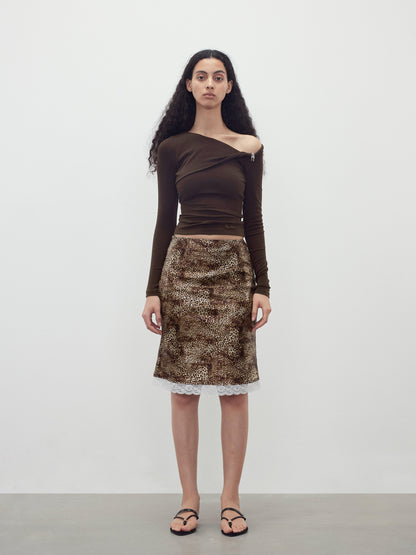 AFTADAWN Sequin Leopard Print Lace Trim Midi Skirt
