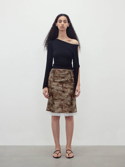 Sequin Leopard Print Lace Trim Midi Skirt