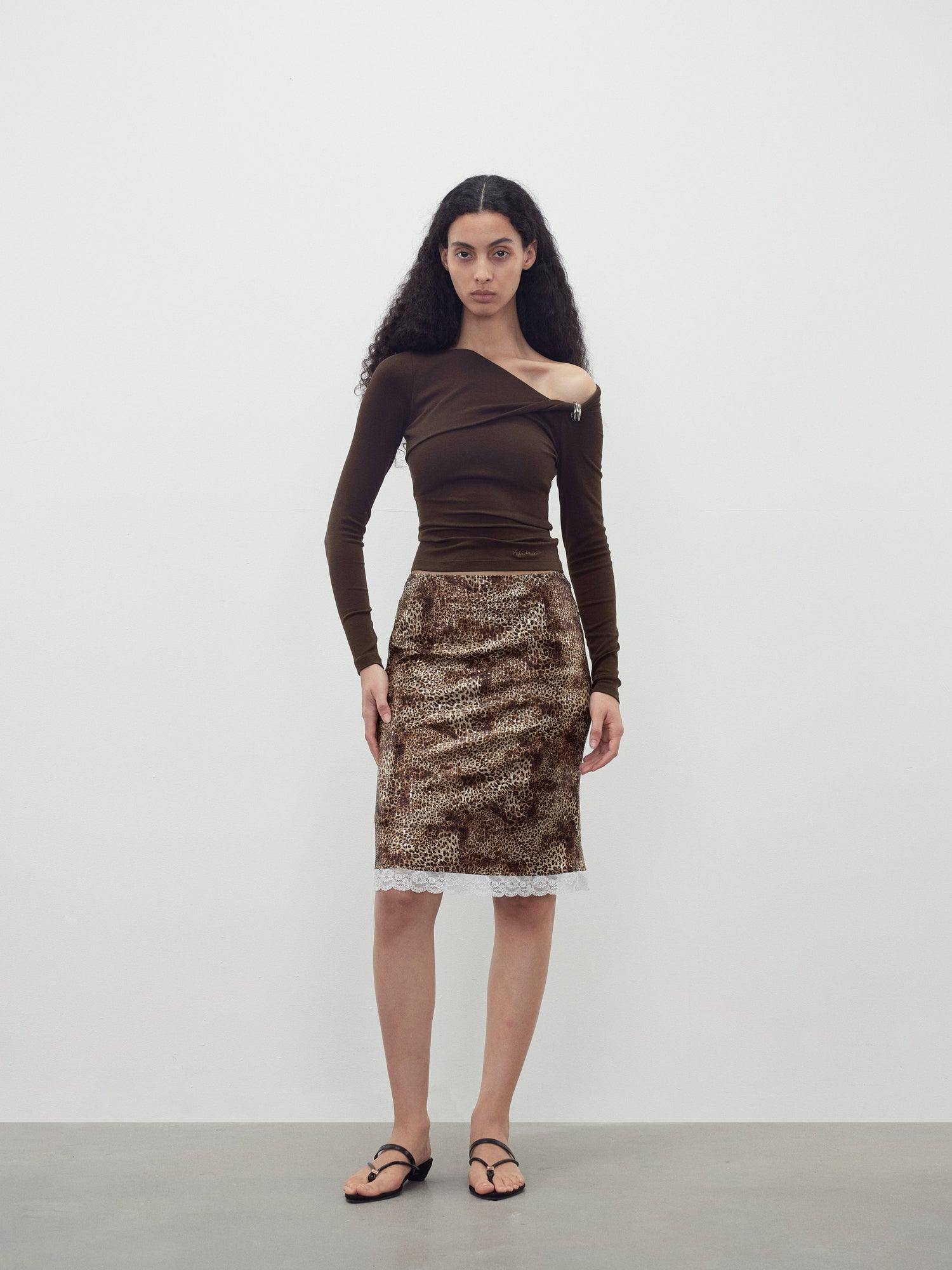 AFTADAWN Sequin Leopard Print Lace Trim Midi Skirt