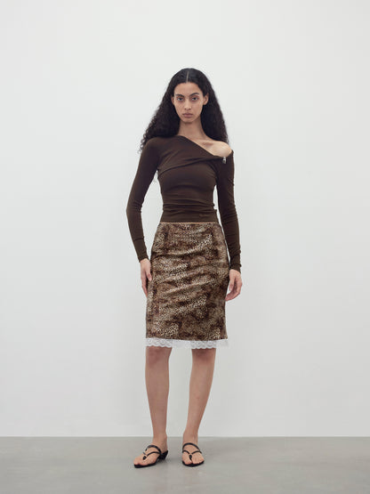 AFTADAWN Sequin Leopard Print Lace Trim Midi Skirt