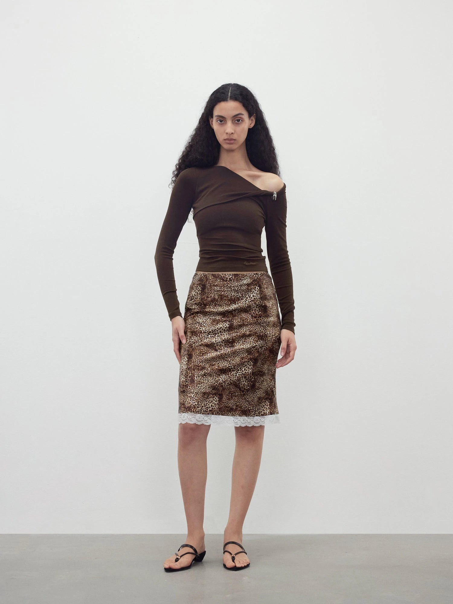 Sequin Leopard Print Lace Trim Midi Skirt