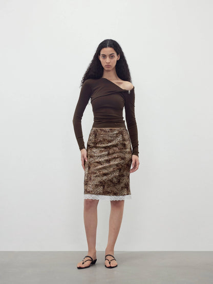 Sequin Leopard Print Lace Trim Midi Skirt