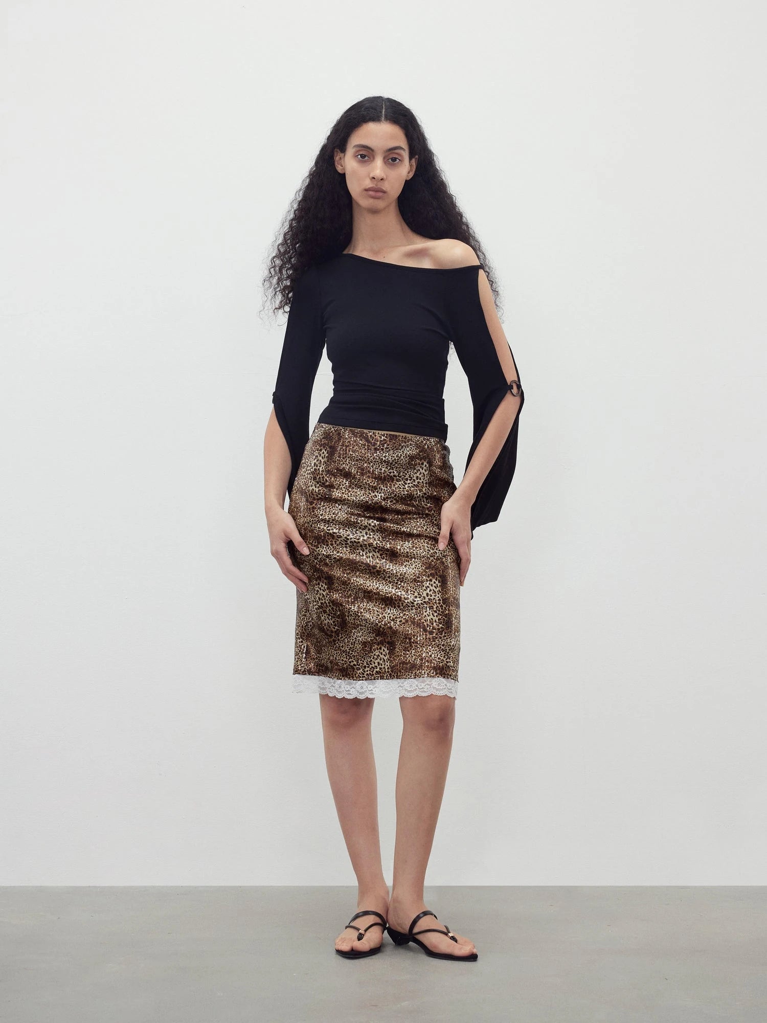 Sequin Leopard Print Lace Trim Midi Skirt