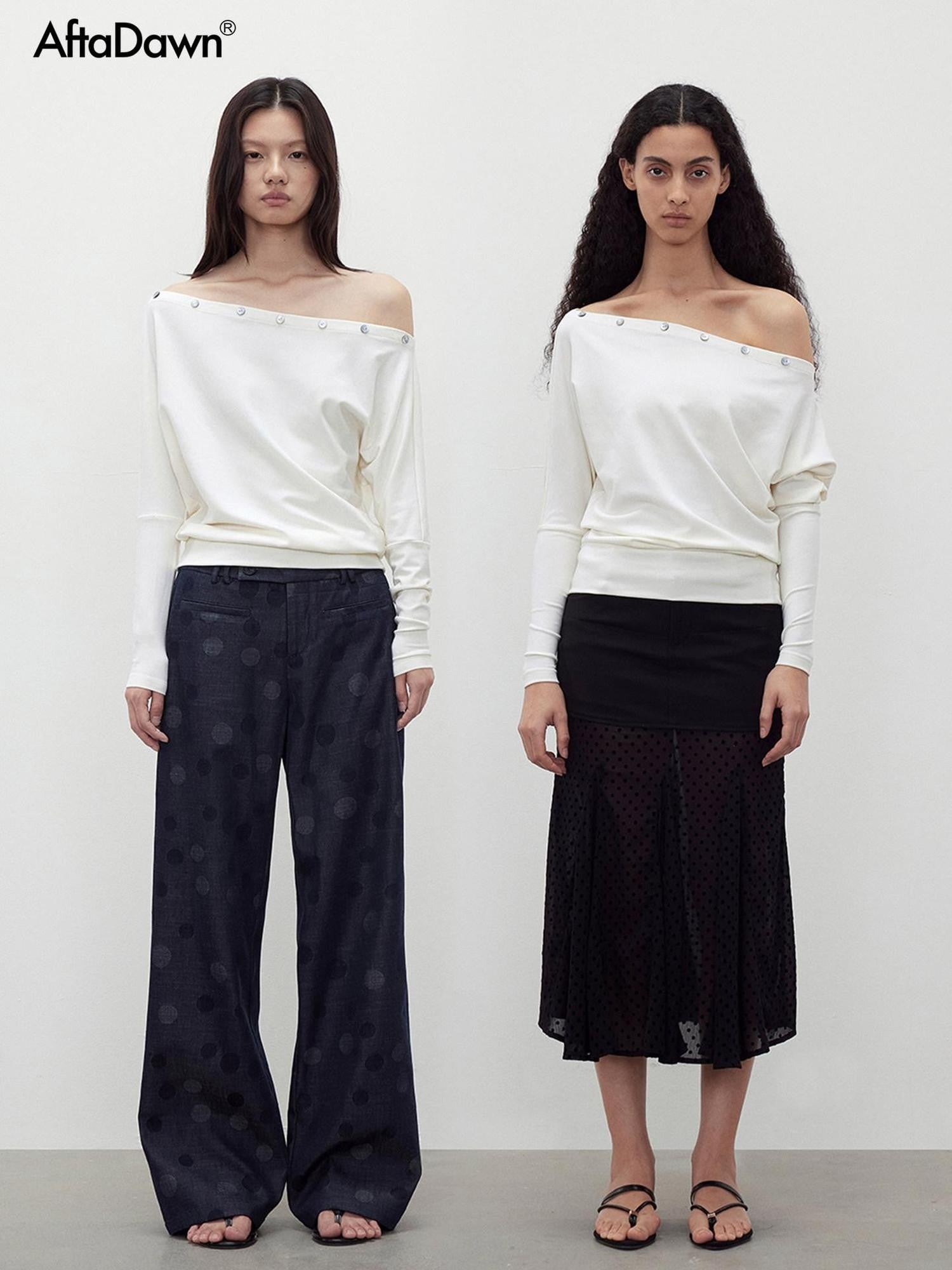 AFTADAWN Shaped Asymmetric One Shoulder Button Women&