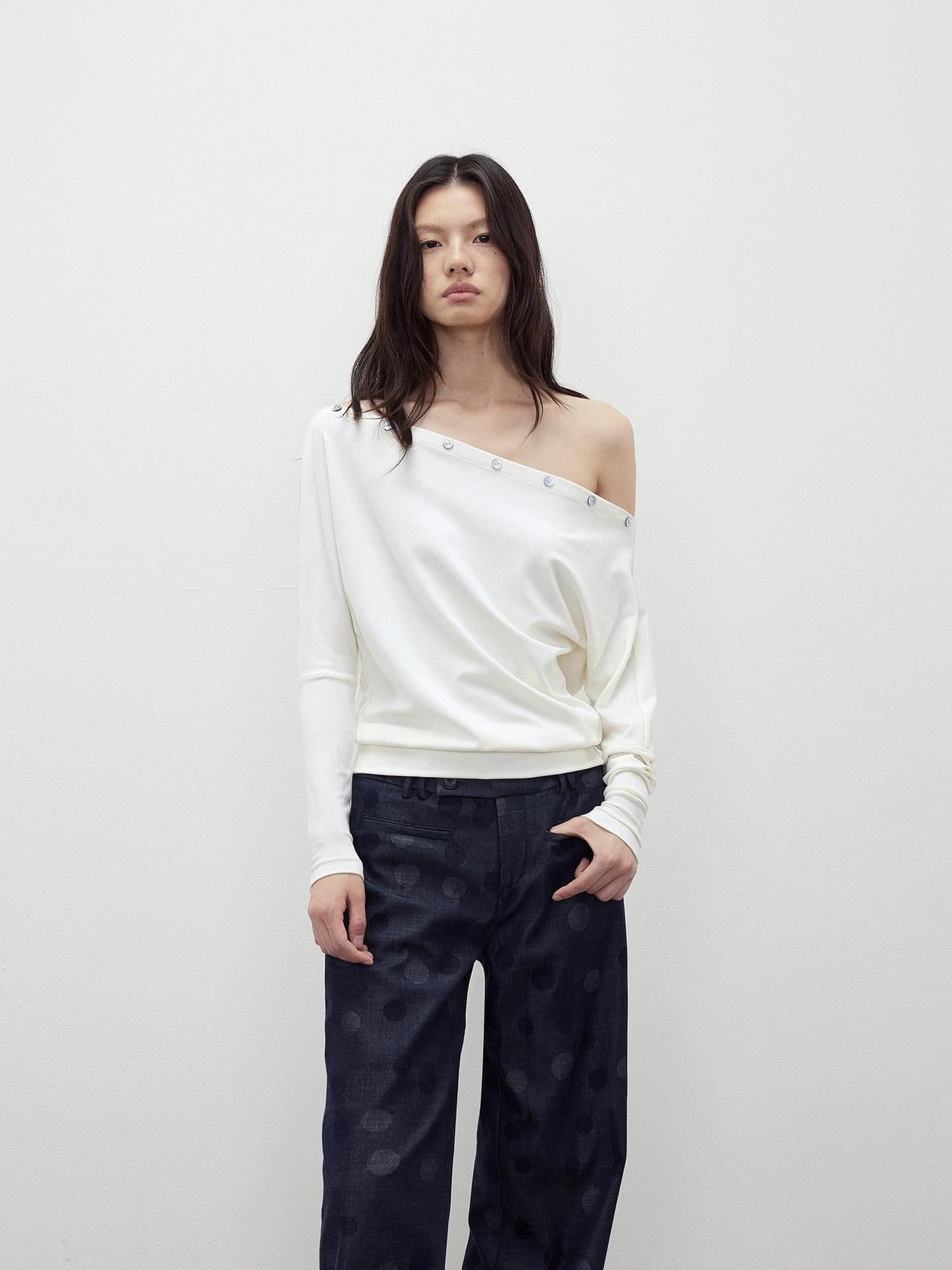 AFTADAWN Shaped Asymmetric One Shoulder Button Women&