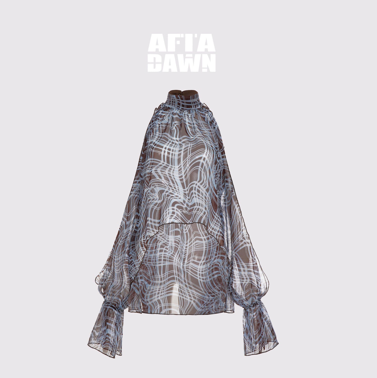 AFTADAWN_Sheer_Chiffon_Twisted_Plaid_Cutout_Ruffle_Highneck_Women&