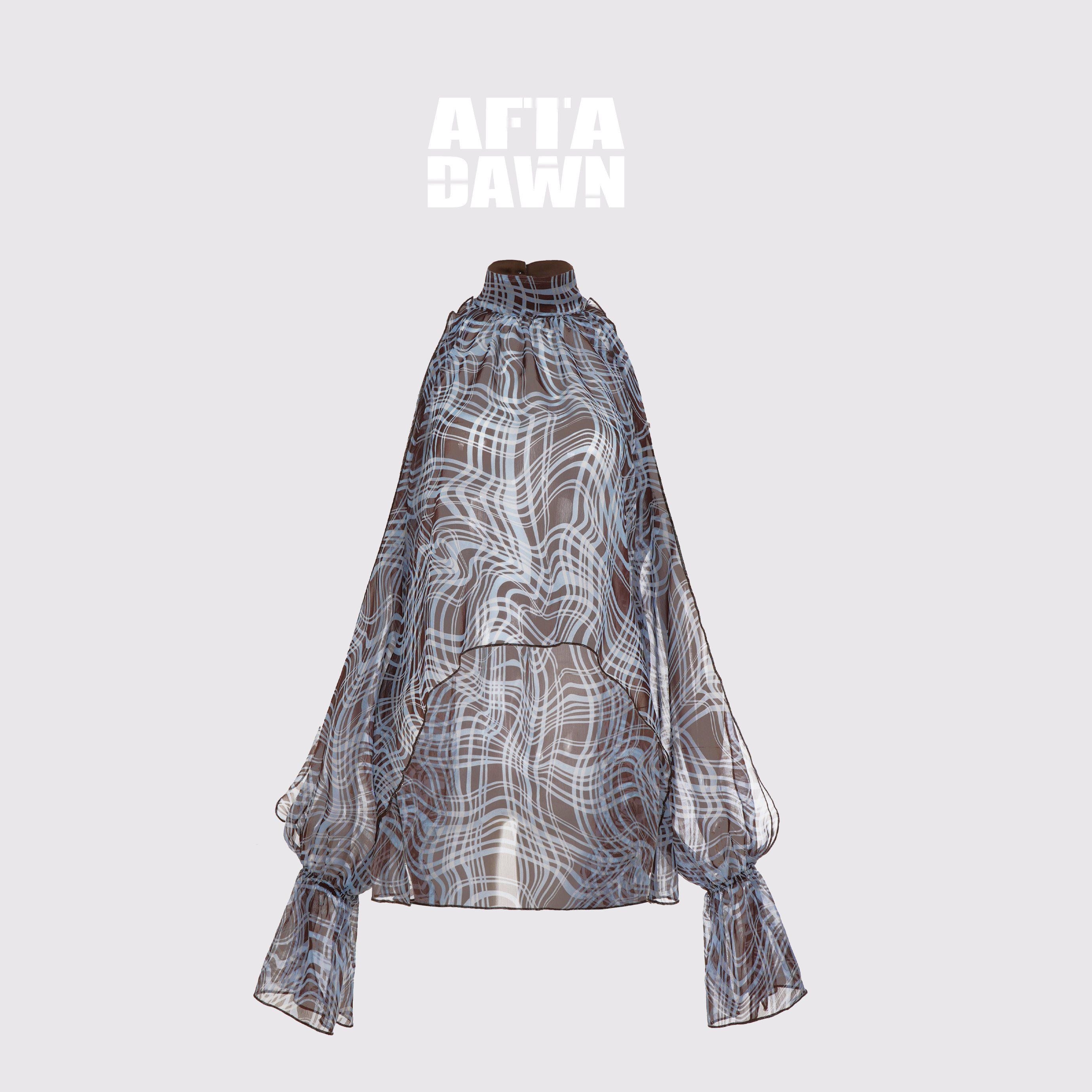 AFTADAWN_Sheer_Chiffon_Twisted_Plaid_Cutout_Ruffle_Highneck_Women&