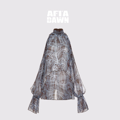 AFTADAWN_Sheer_Chiffon_Twisted_Plaid_Cutout_Ruffle_Highneck_Women&