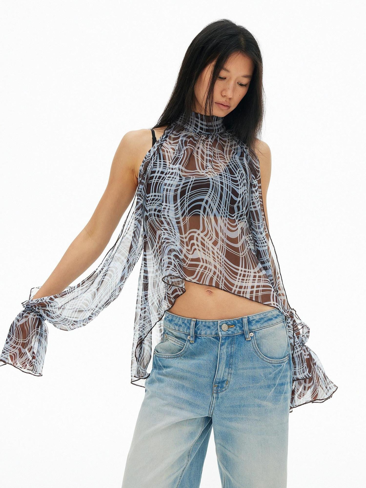 AFTADAWN Sheer Chiffon Twisted Plaid Cutout Ruffle Highneck Women&