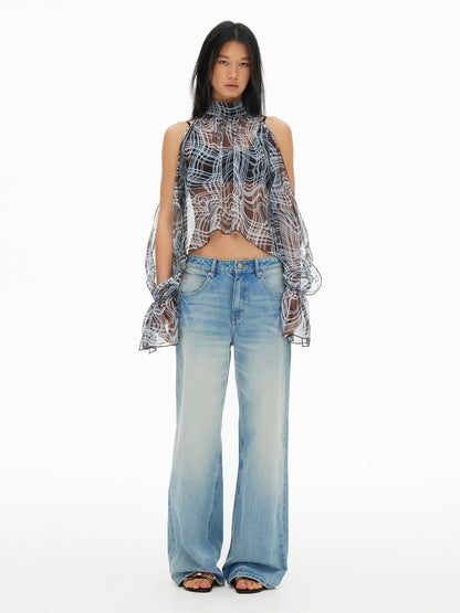 AFTADAWN Sheer Chiffon Twisted Plaid Cutout Ruffle Highneck Women&