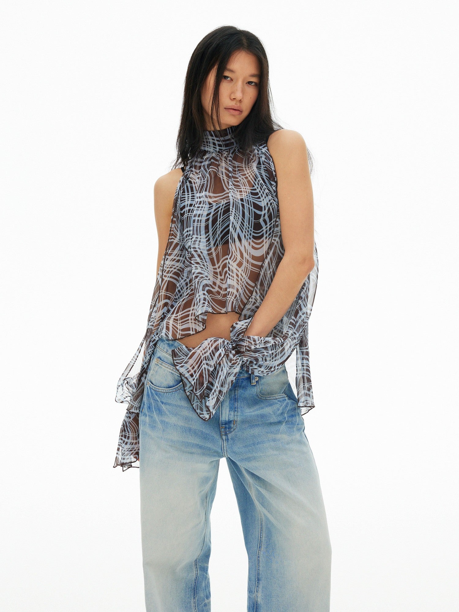 AFTADAWN Sheer Chiffon Twisted Plaid Cutout Ruffle Highneck Women&