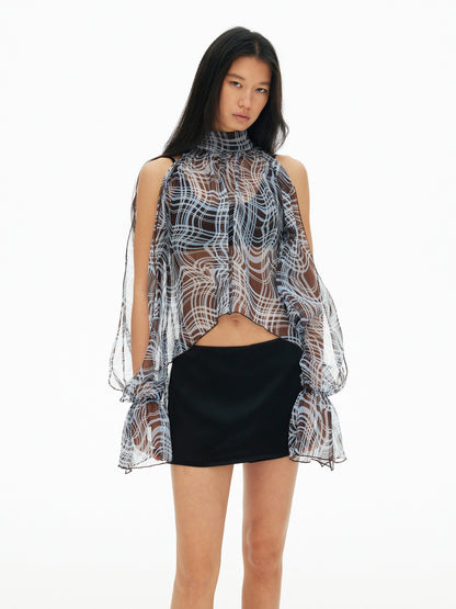 AFTADAWN Sheer Chiffon Twisted Plaid Cutout Ruffle Highneck Women&