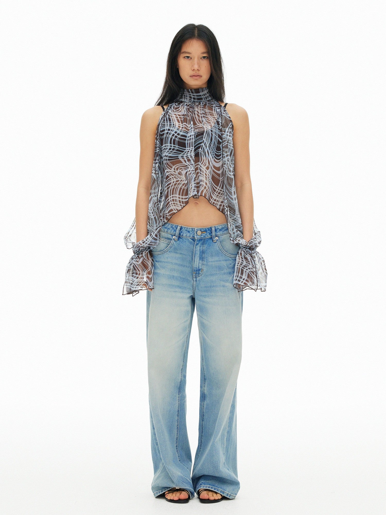 AFTADAWN Sheer Chiffon Twisted Plaid Cutout Ruffle Highneck Women&