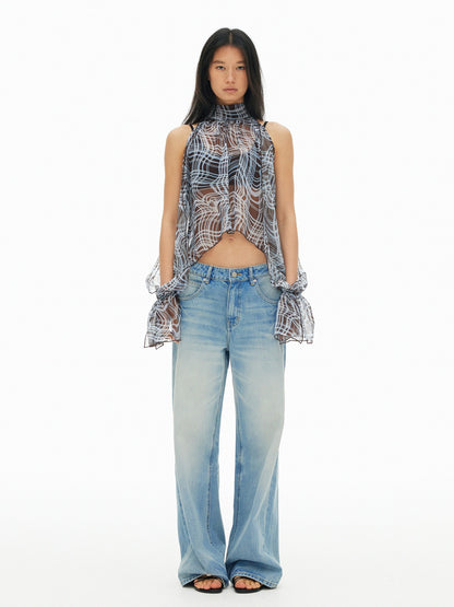 AFTADAWN Sheer Chiffon Twisted Plaid Cutout Ruffle Highneck Women&