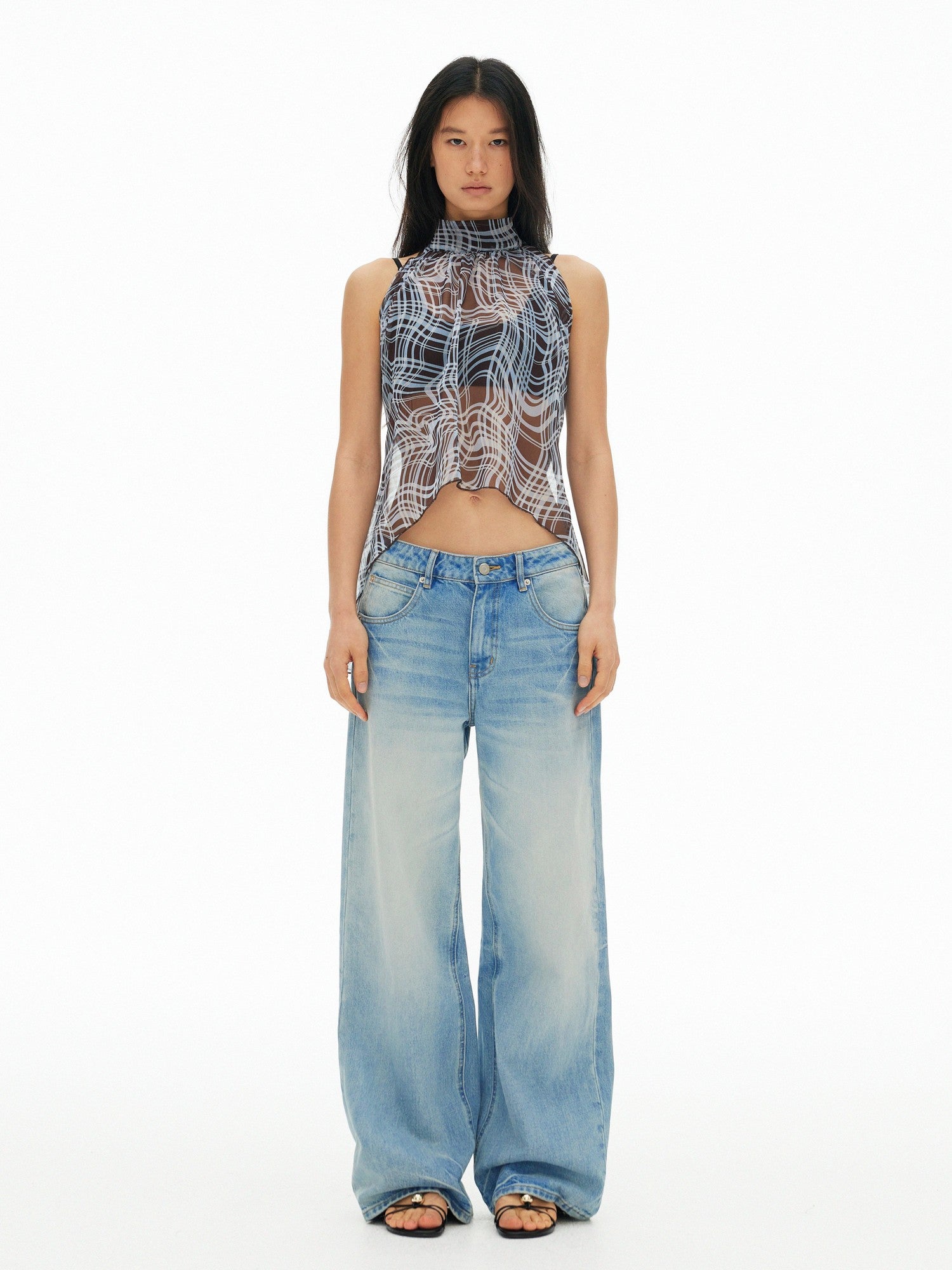 AFTADAWN Sheer Chiffon Twisted Plaid Cutout Ruffle Highneck Women&