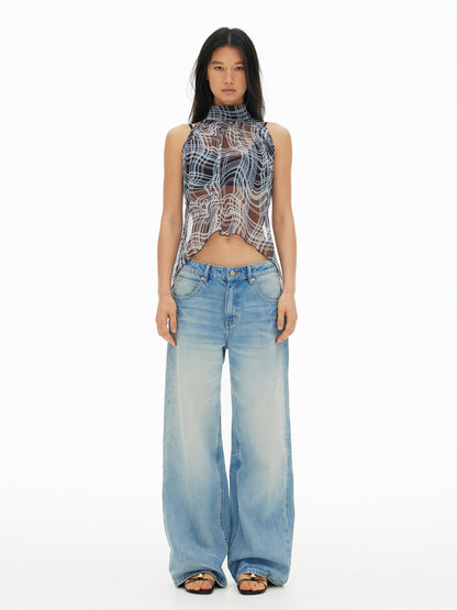 AFTADAWN Sheer Chiffon Twisted Plaid Cutout Ruffle Highneck Women&
