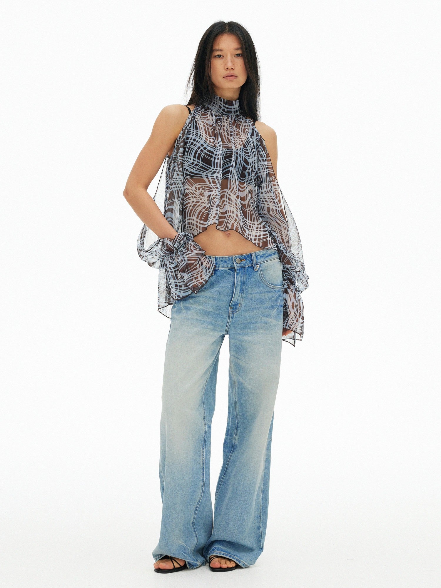 AFTADAWN Sheer Chiffon Twisted Plaid Cutout Ruffle Highneck Women&
