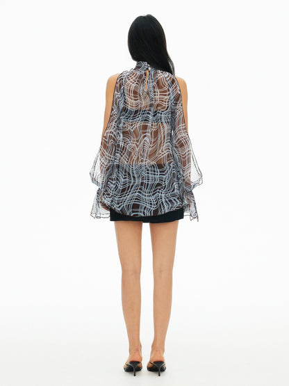 AFTADAWN Sheer Chiffon Twisted Plaid Cutout Ruffle Highneck Women&