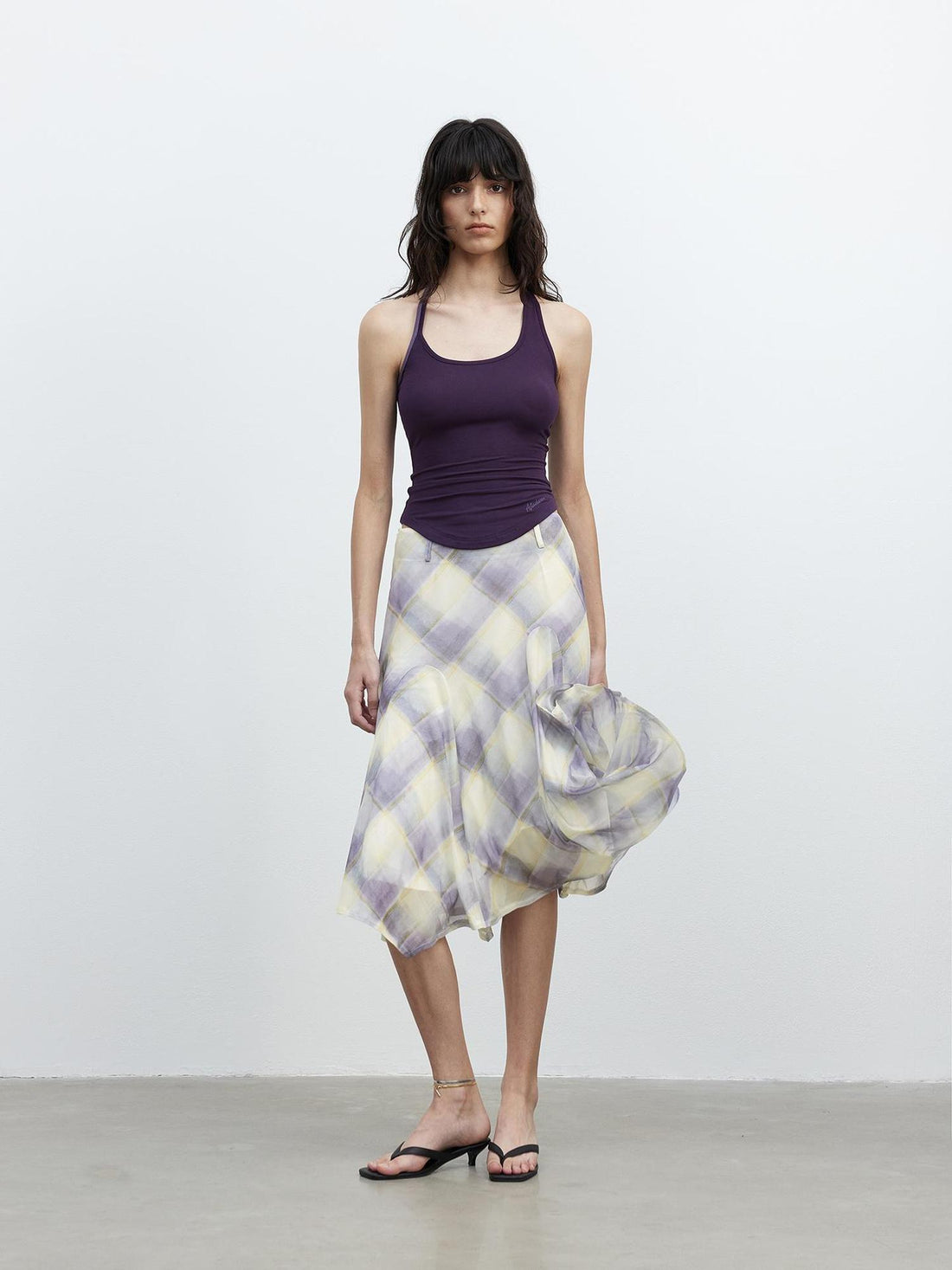 AFTADAWN Sheer Color Block Checkered Midi Skirt With Asymmetrical Hem