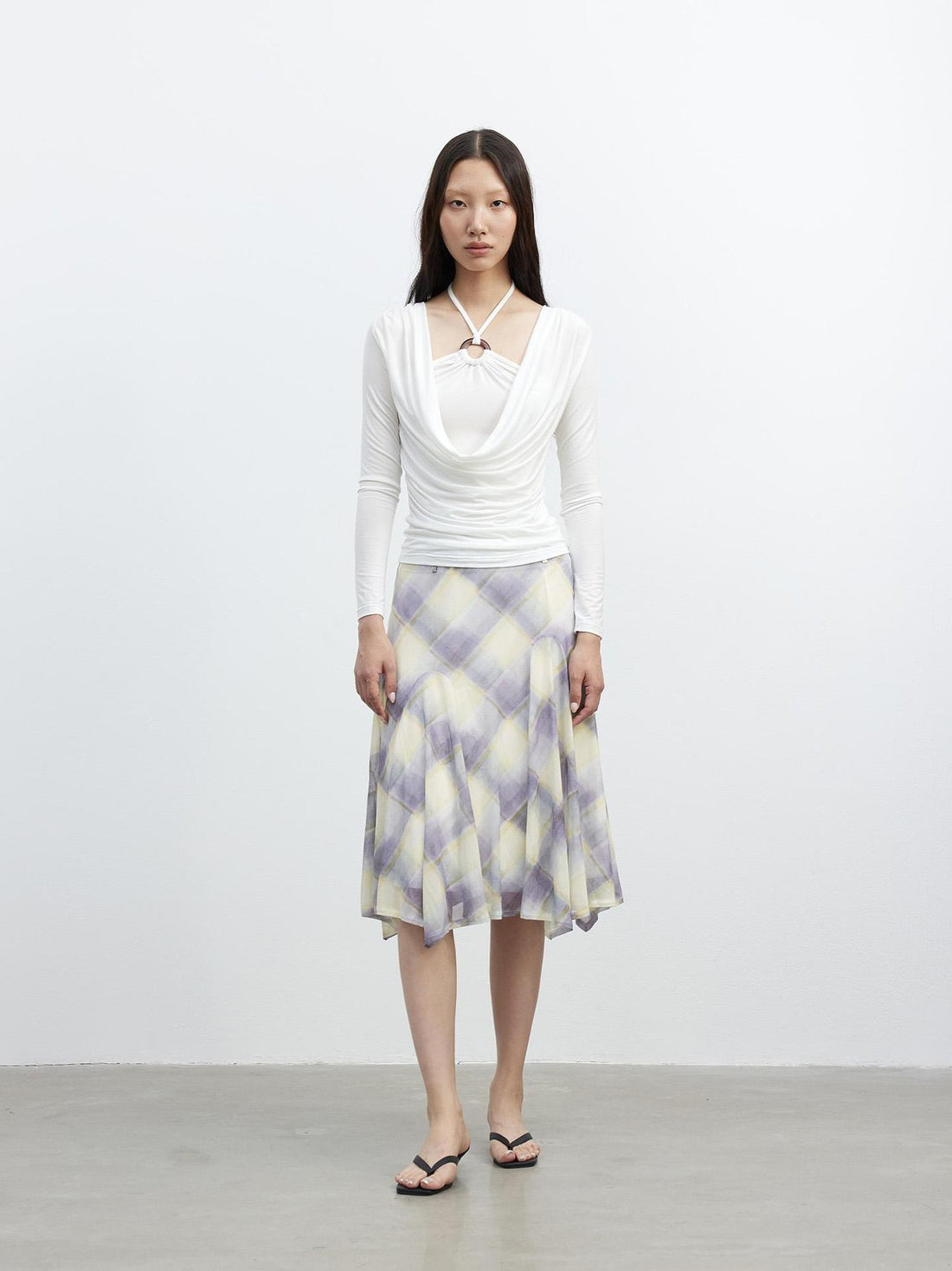 AFTADAWN Sheer Color Block Checkered Midi Skirt With Asymmetrical Hem