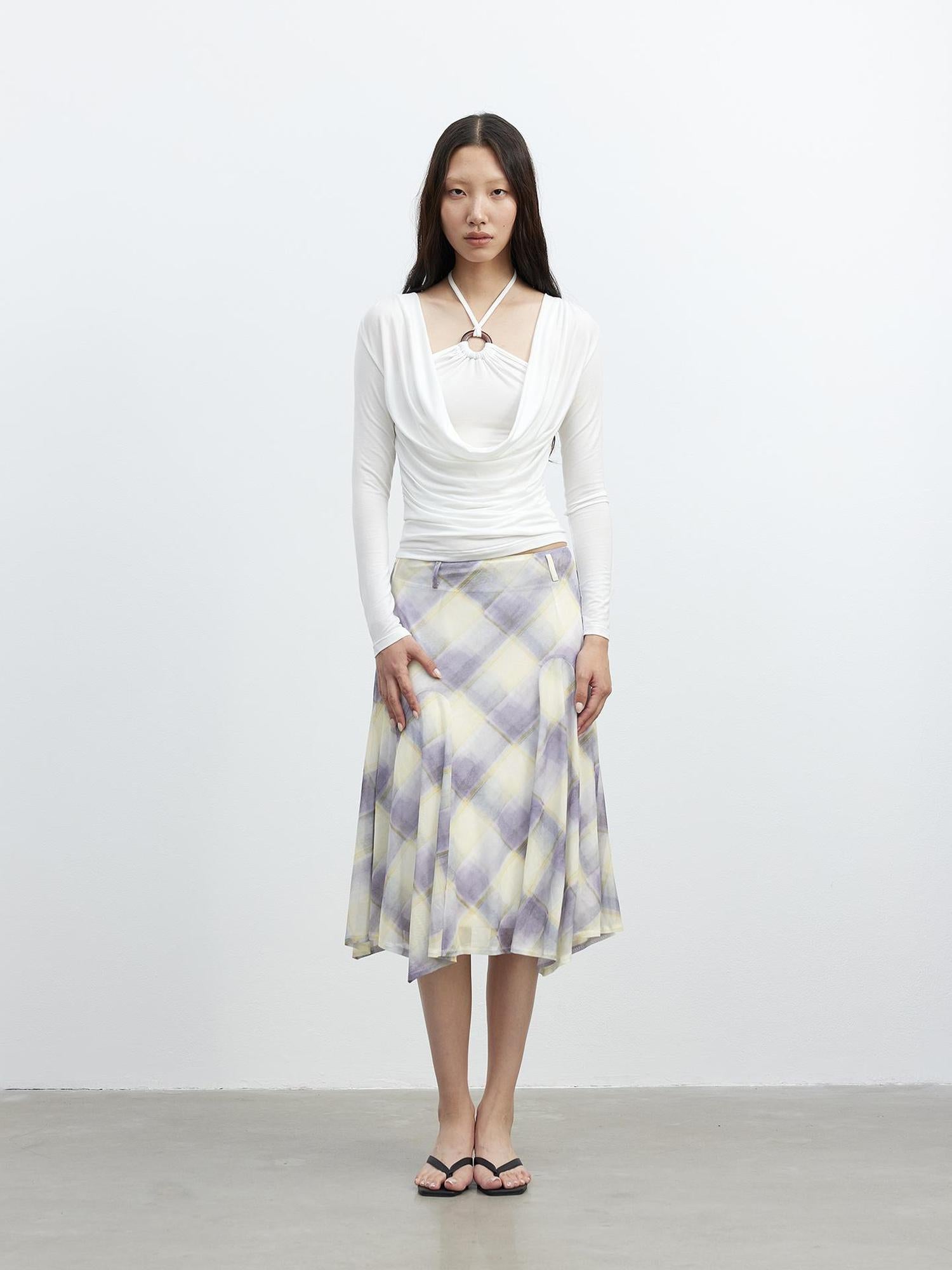 AFTADAWN Sheer Color Block Checkered Midi Skirt With Asymmetrical Hem