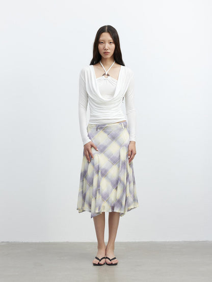 AFTADAWN Sheer Color Block Checkered Midi Skirt With Asymmetrical Hem
