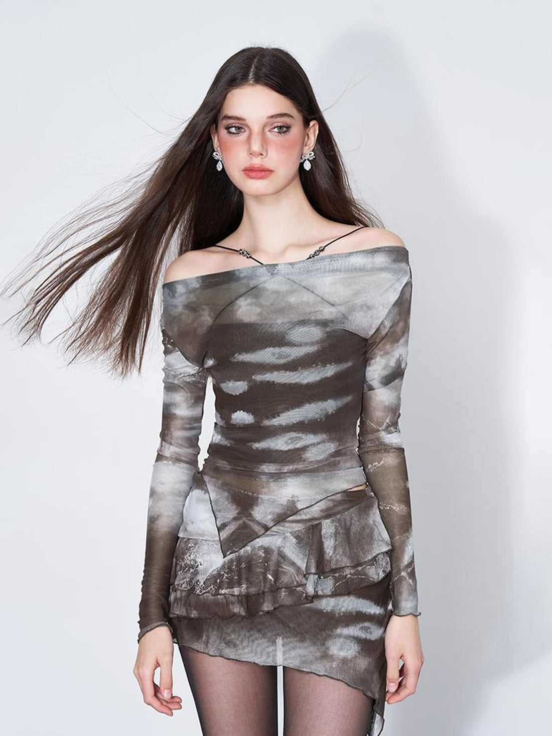 AFTADAWN Sheer Mesh Blouse With Flounced Hem Skirt Set