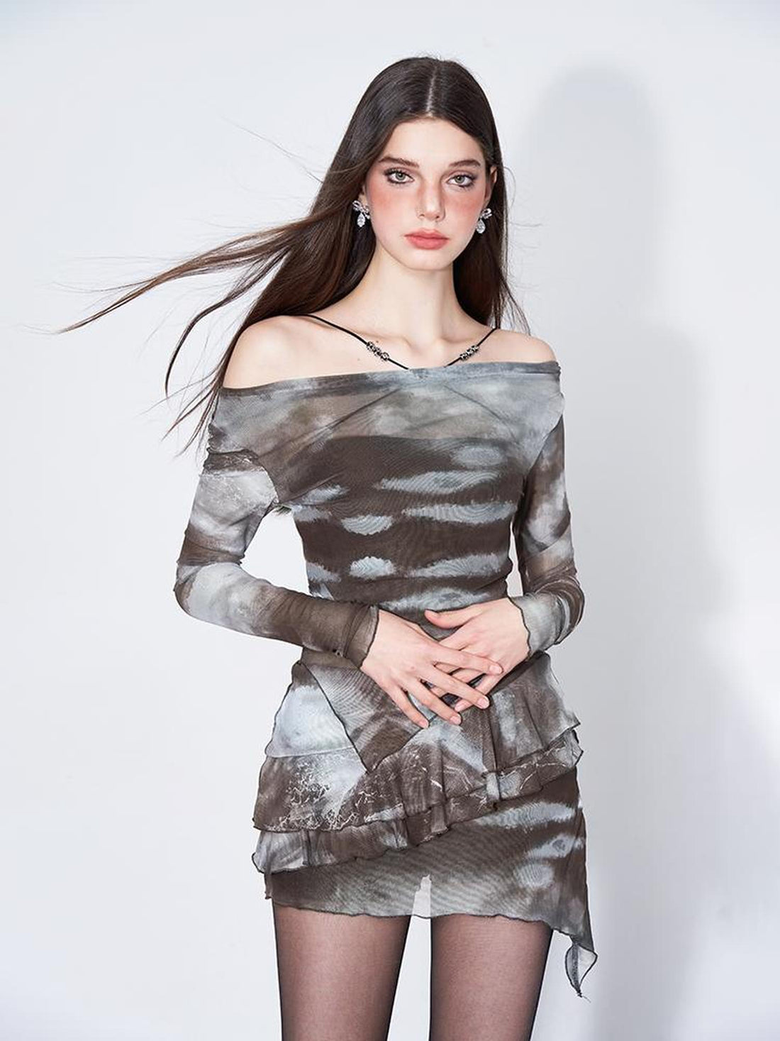 AFTADAWN Sheer Mesh Blouse With Flounced Hem Skirt Set