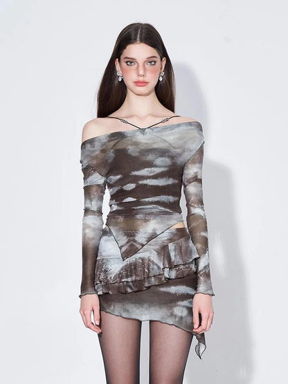 Sheer Mesh Blouse With Flounced Hem Skirt Set