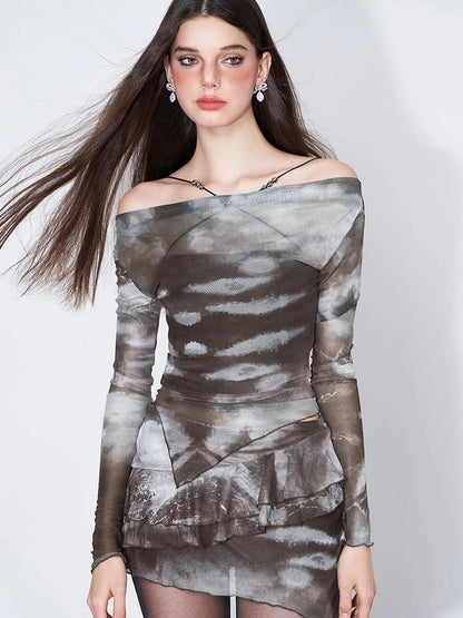 Sheer Mesh Blouse With Flounced Hem Skirt Set