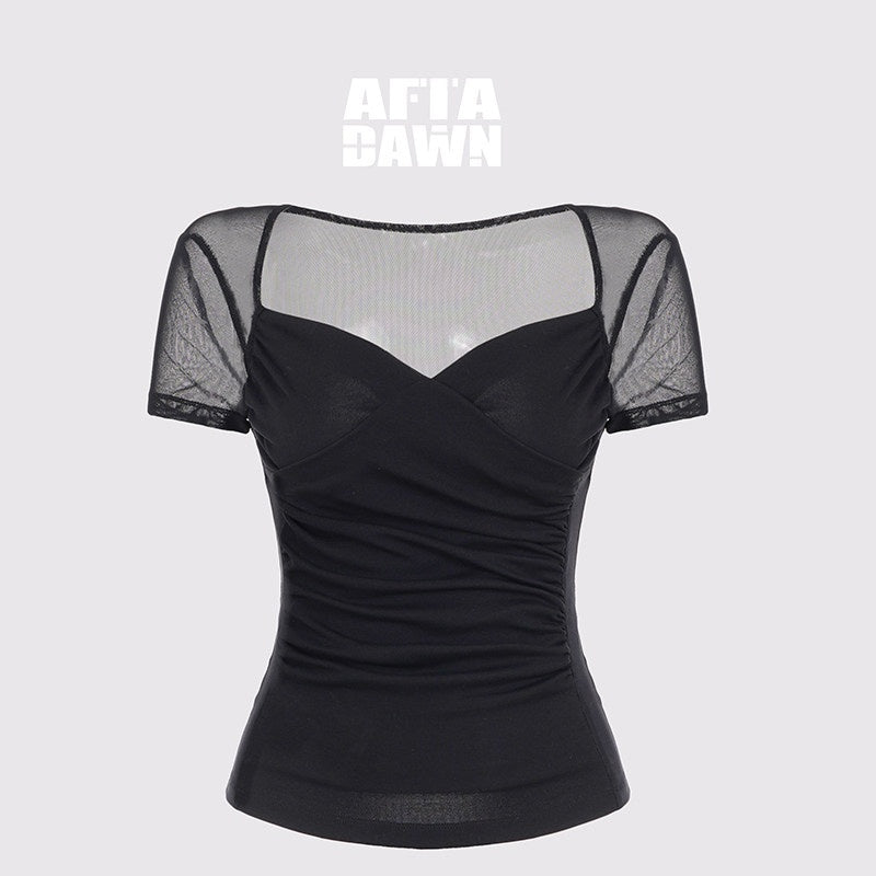 AFTADAWN_Sheer_Mesh_Pleated_Faux_Two_Piece_V-neck_Women&