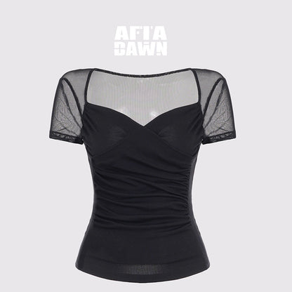 AFTADAWN_Sheer_Mesh_Pleated_Faux_Two_Piece_V-neck_Women&