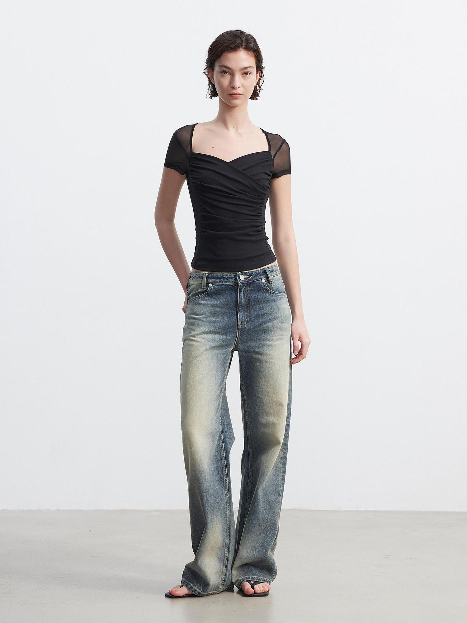 AFTADAWN Sheer Mesh Pleated Faux Two Piece V-neck Women&