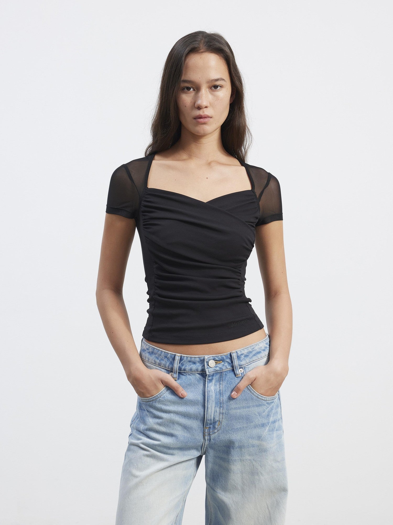 AFTADAWN Sheer Mesh Pleated Faux Two Piece V-neck Women&