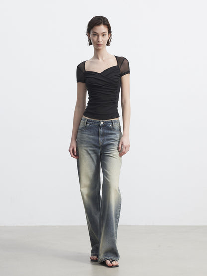 AFTADAWN Sheer Mesh Pleated Faux Two Piece V-neck Women&